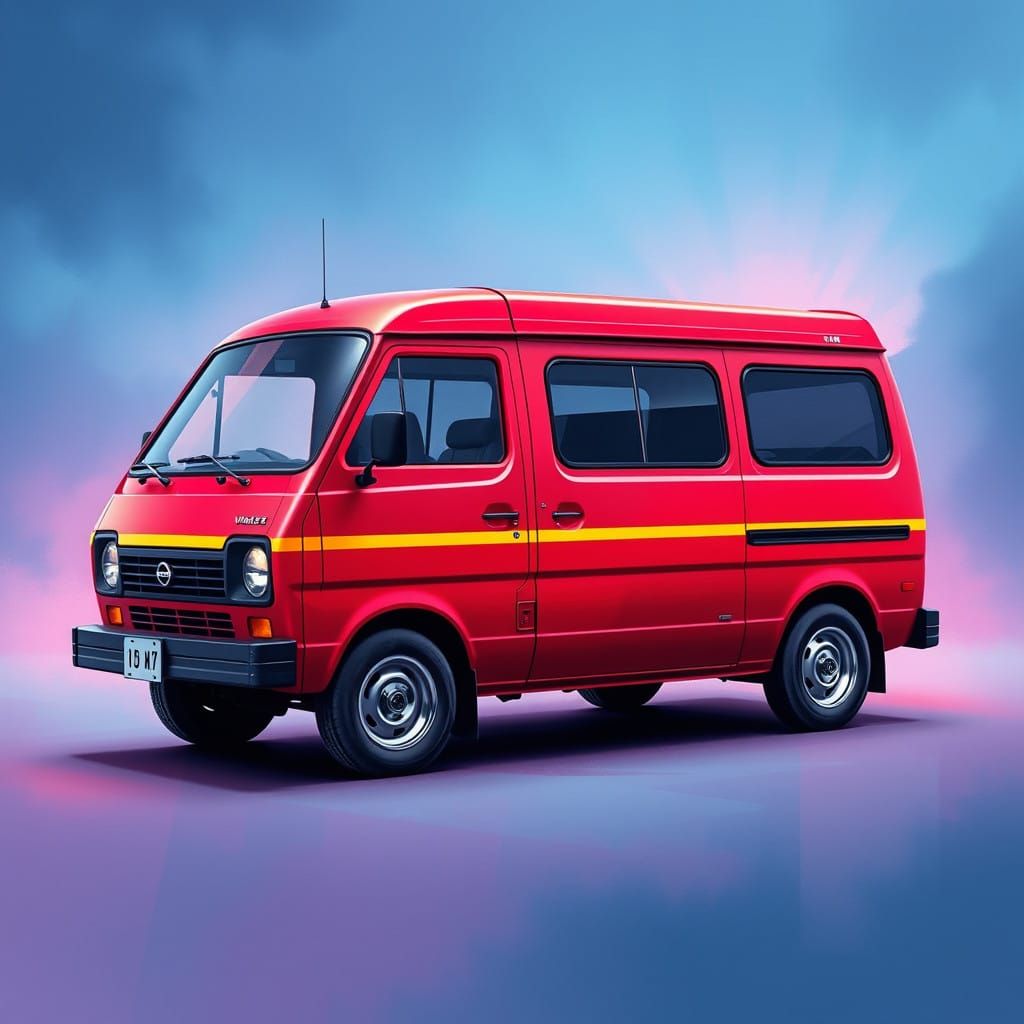 Vibrant 1980s Nissan Vanette in Dreamlike Surroundings