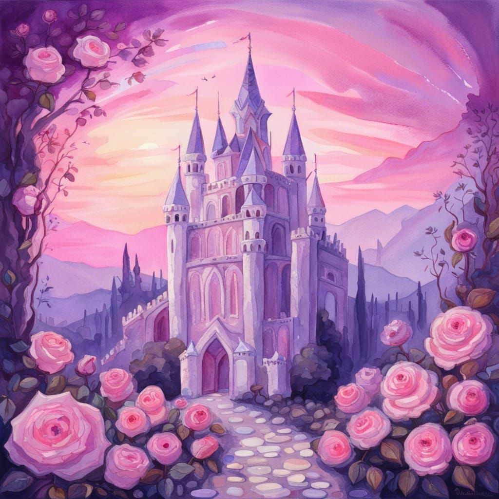 Gothic Fairycore Castle with Roses in Gouache Style