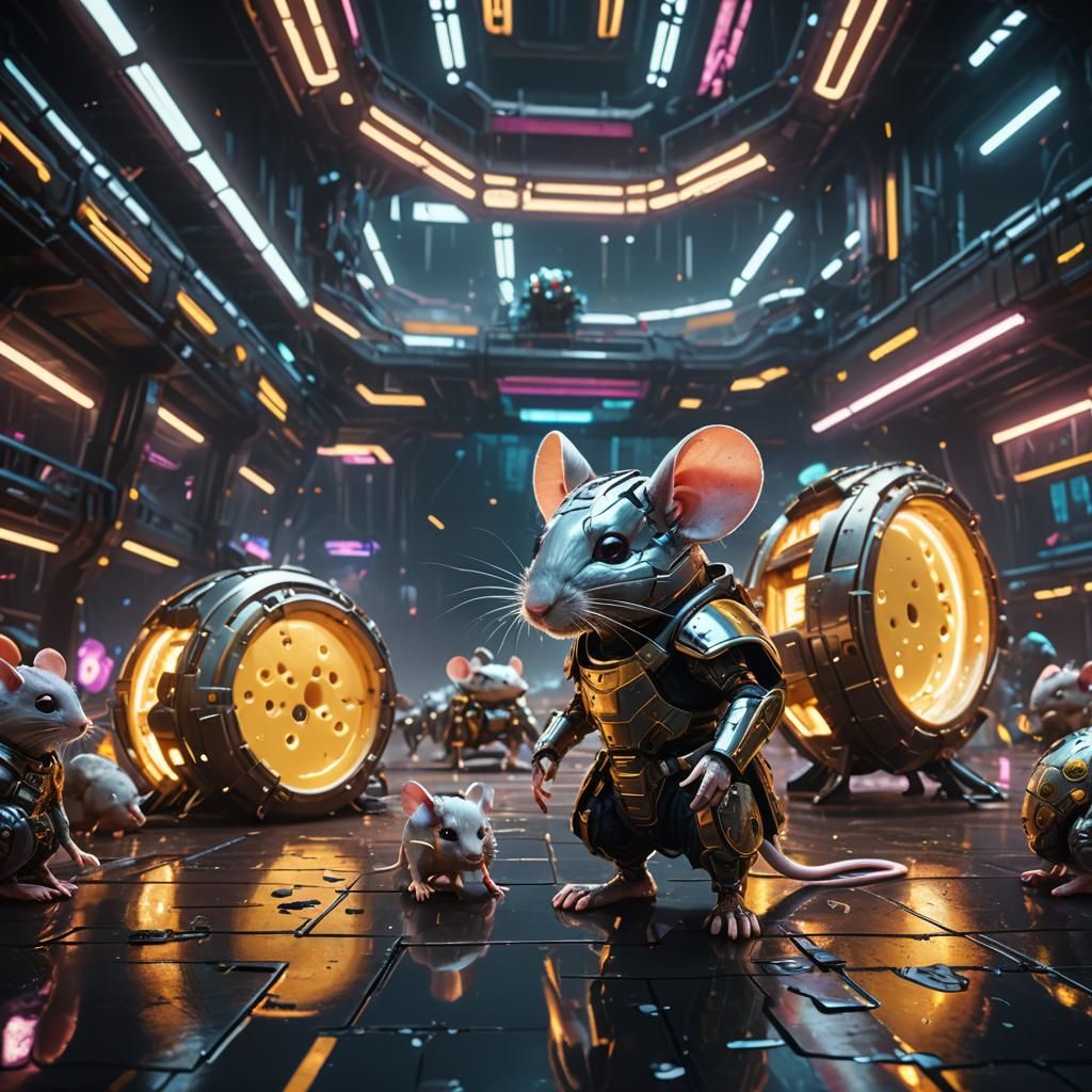 Cyberpunk Mice Battle for Cheese in Arena