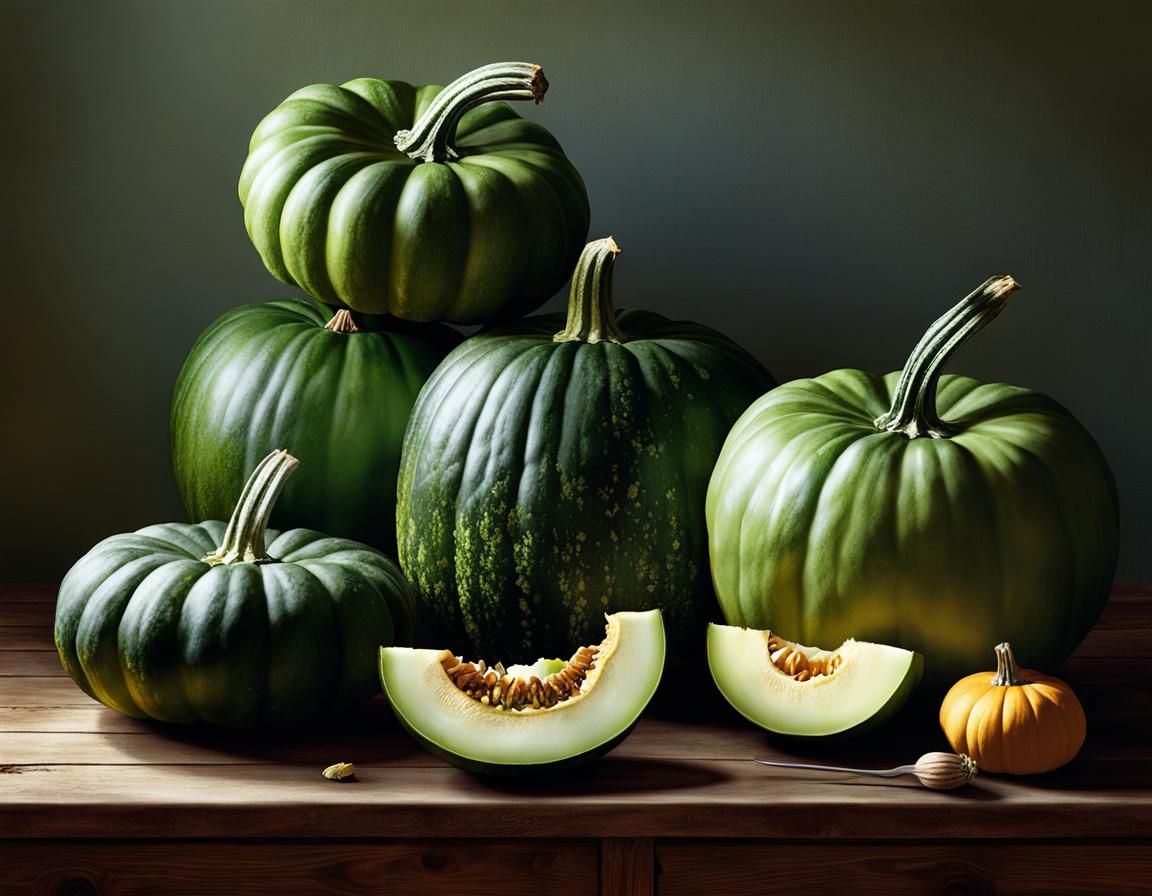 Hyperrealistic Still Life with Green Pumpkins