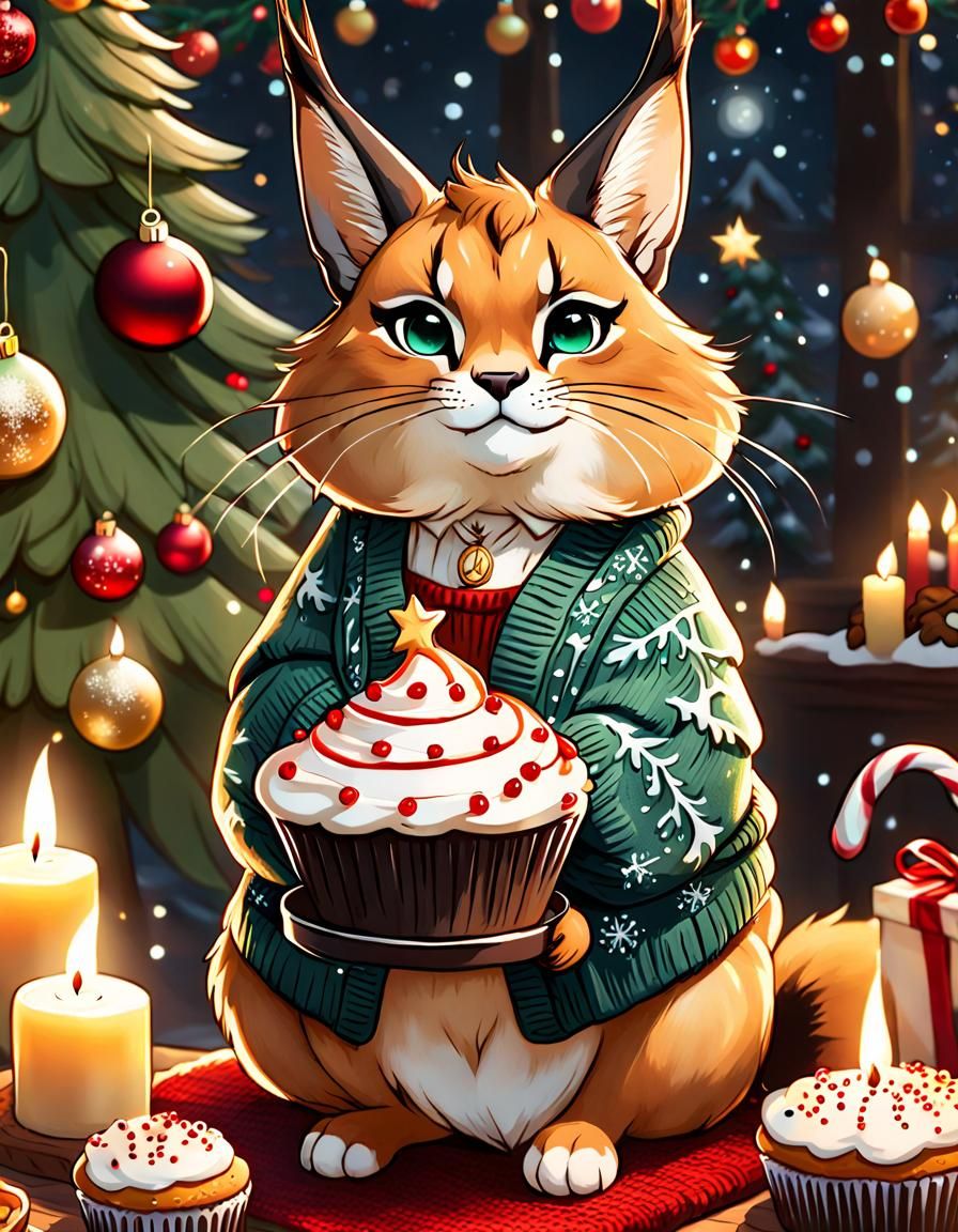 Charming Christmas Caracal in Cottagecore Style