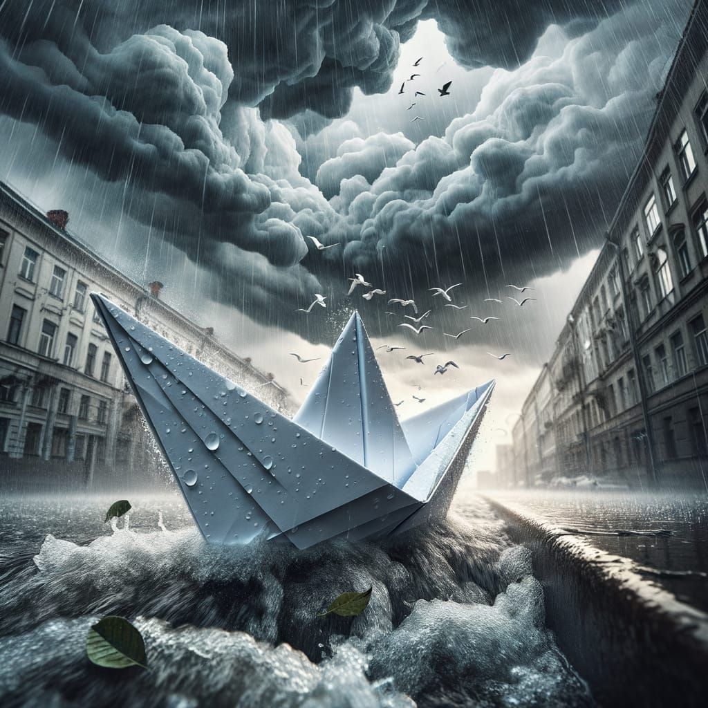 Paper Ship Adrift in Stormy City Gutter