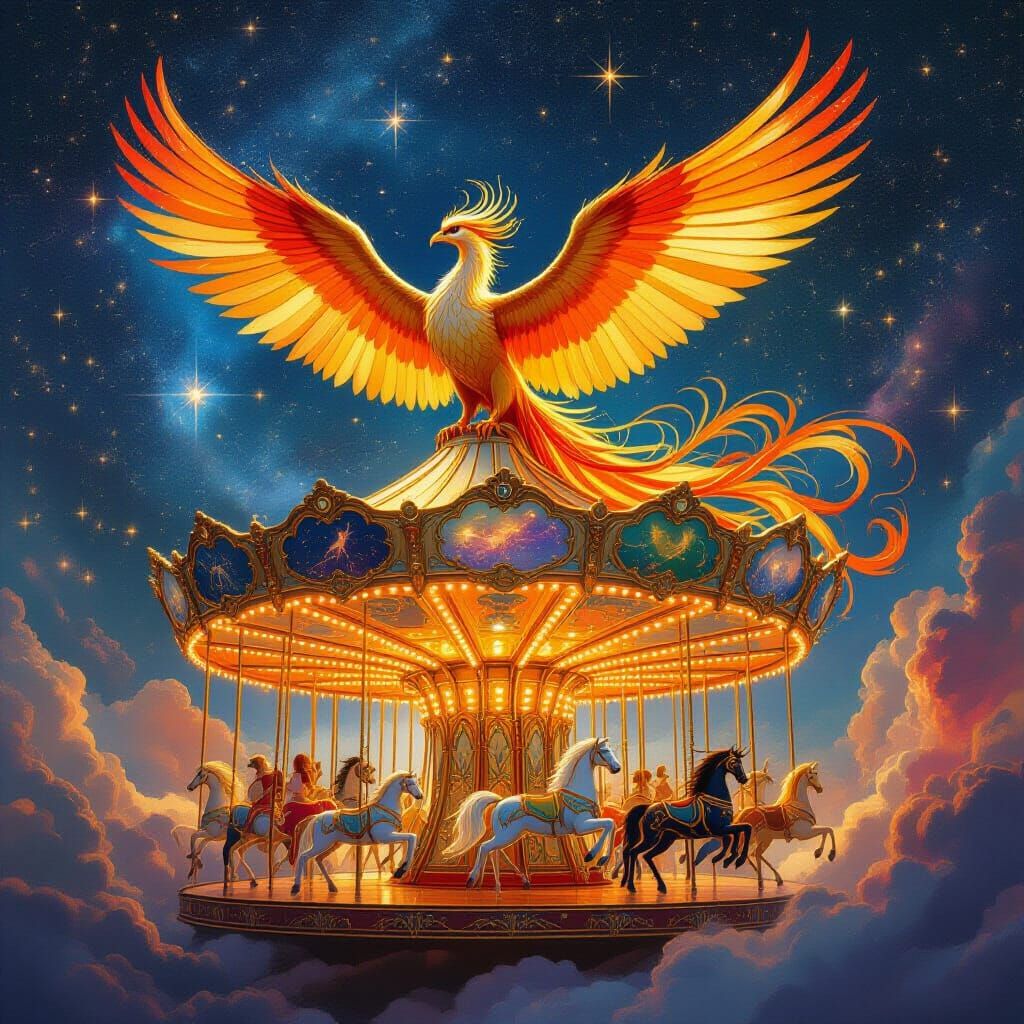 Phoenix on Celestial Carousel Amidst Nebula