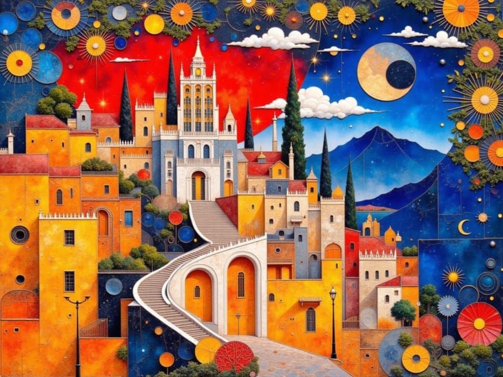 Italian Art Deco Cityscape at Night