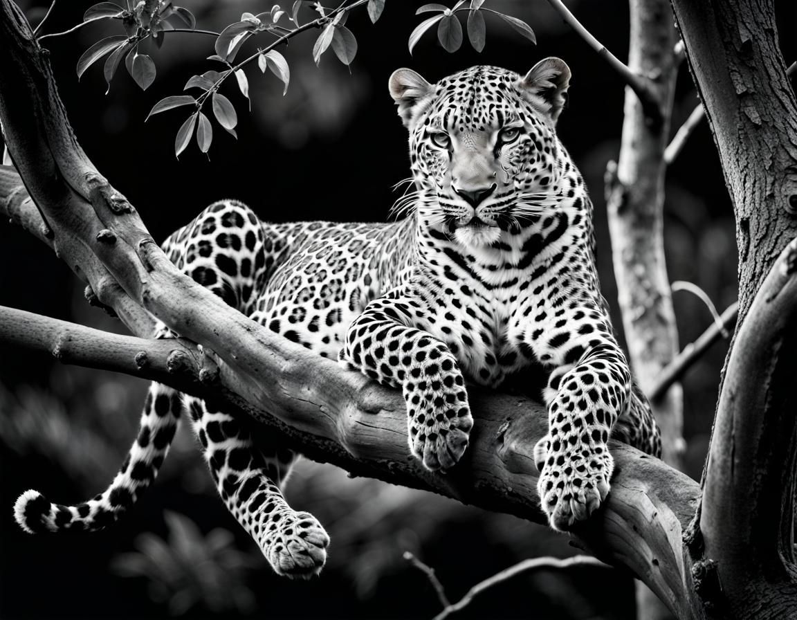 Leopard Lounging: Black and White Wildlife Portrait