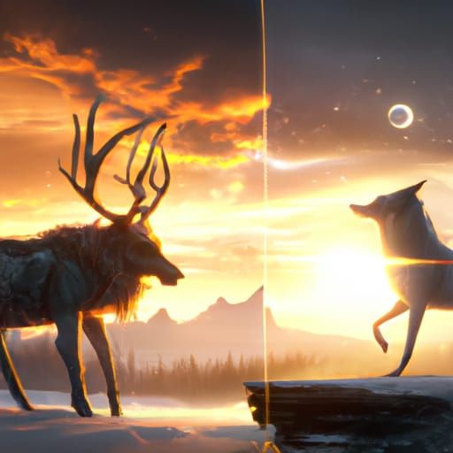 Mystical Wolf and Deer in Snowy Sunset