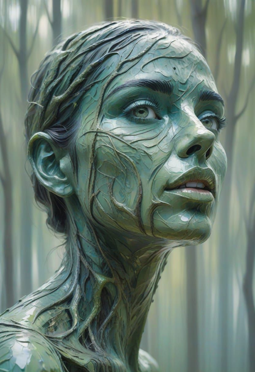 Woman's Face Blends With Forest in Thick Impasto Painting