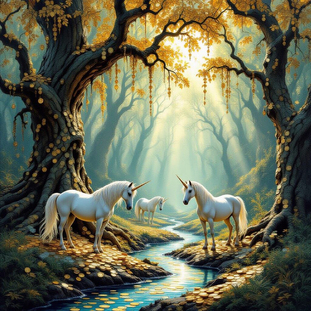 Unicorns in a Forest of Gold Coins and Banknotes