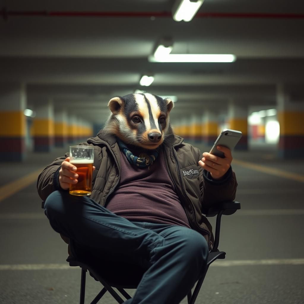 Badger-Headed Man Texting in Underground Parking