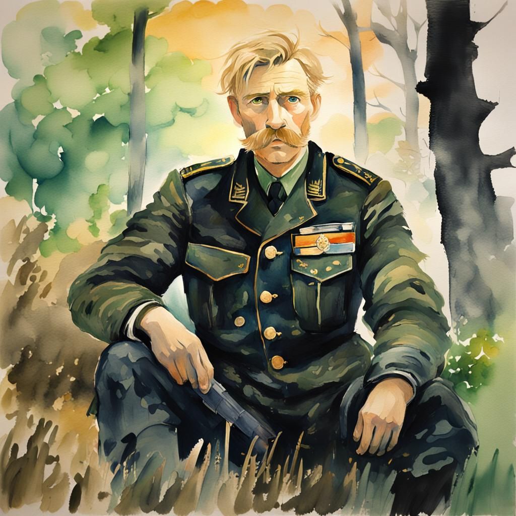 German Soldier in Watercolor Anime Impressionist Style