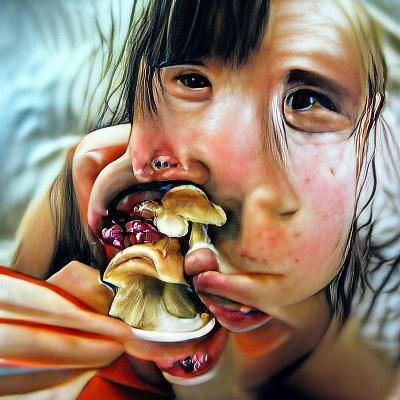 Girl Eats Poison Mushroom in Hyperrealism