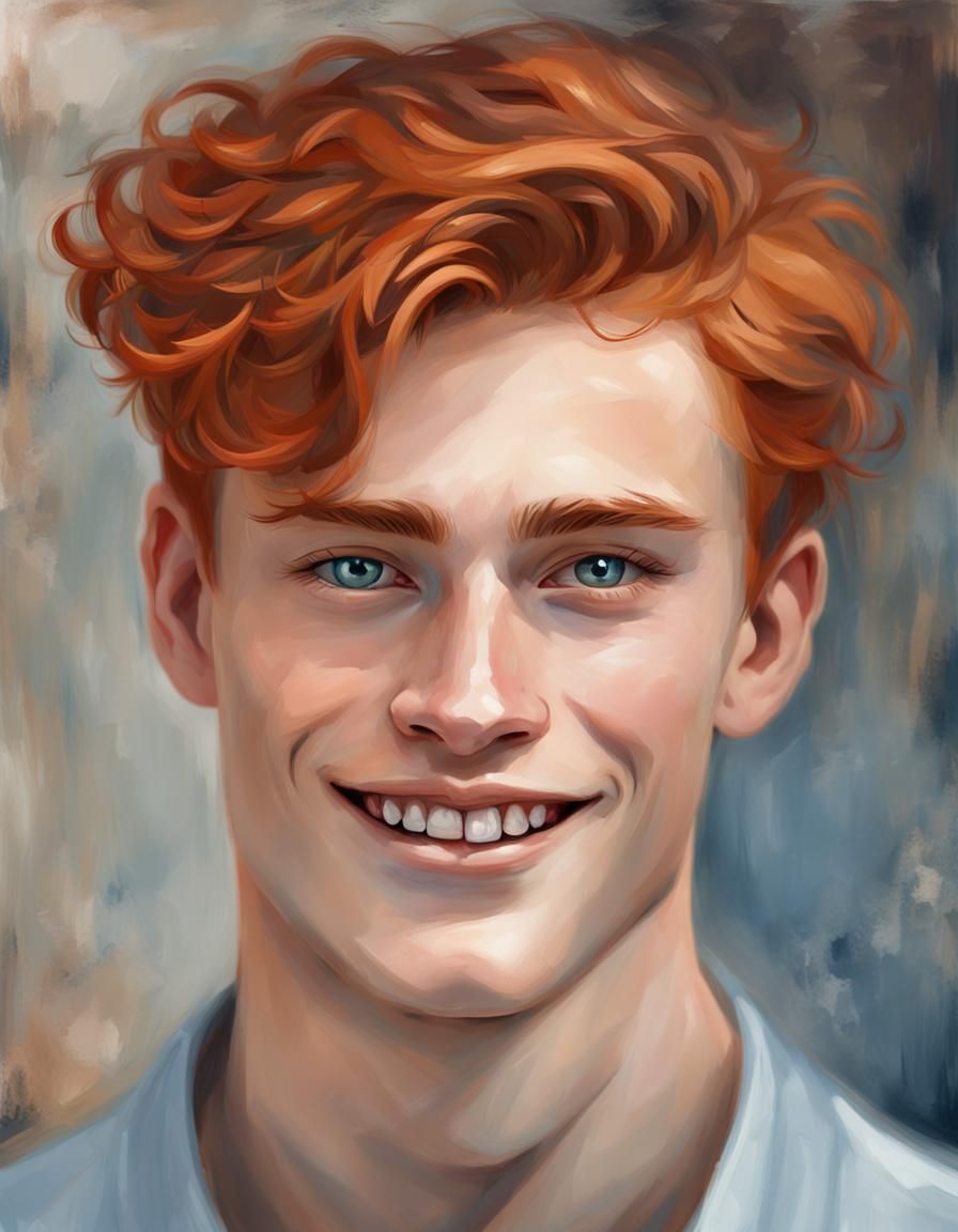 Handsome male smiling at you oil painting in linen,