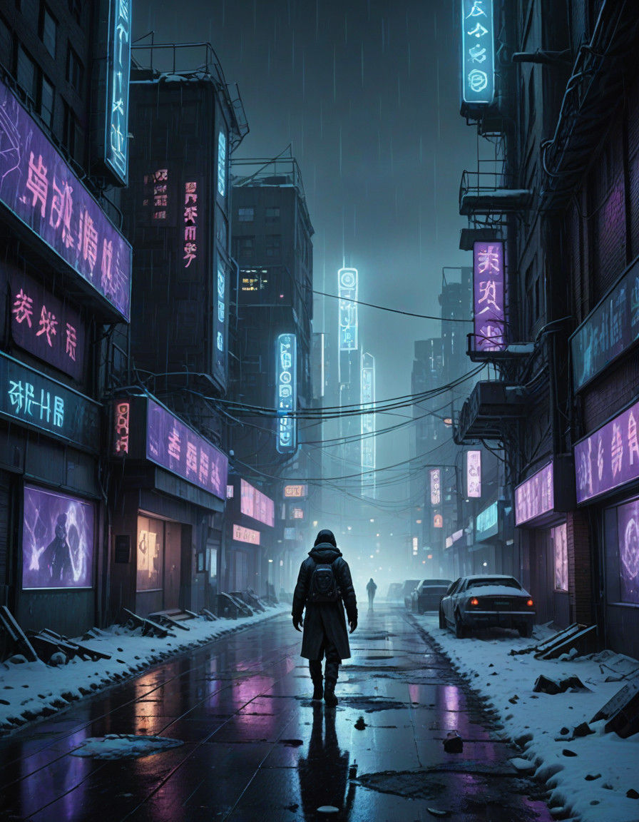 Lonely Figure Walks Through Cyberpunk Snowscape