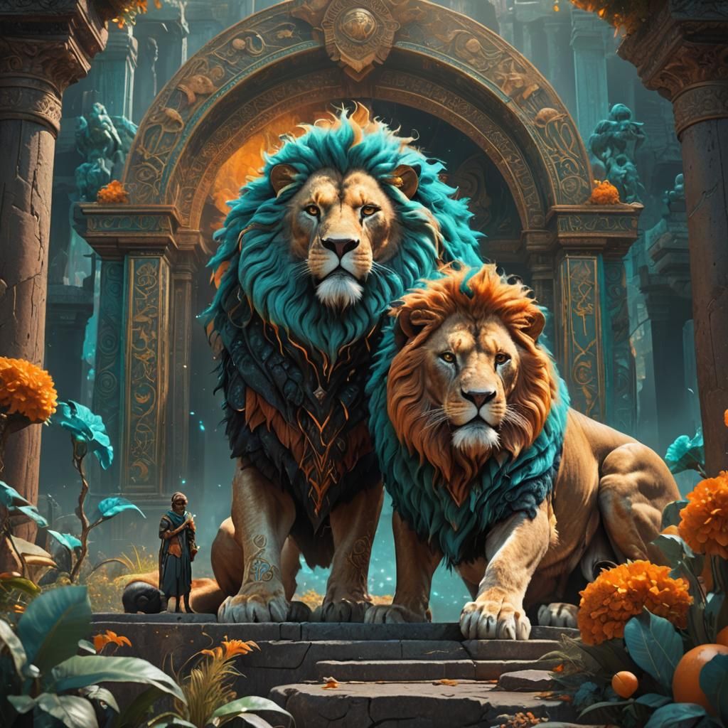 God Conversing with an Orange and Teal Lion