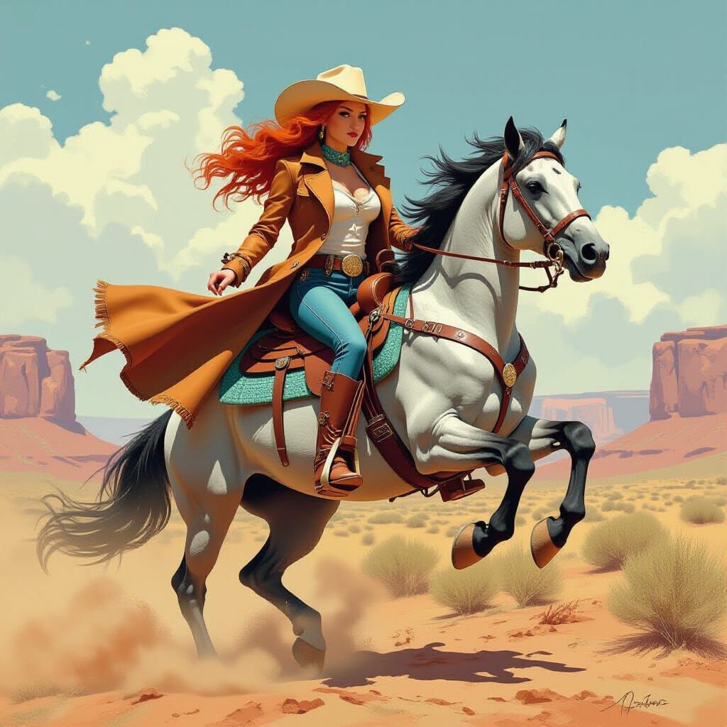 Cowgirl on Rearing Mare in Vibrant Digital Art