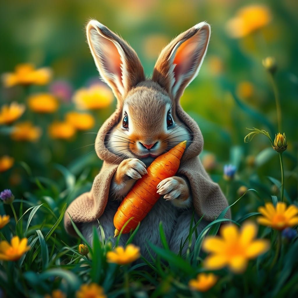 Whimsical Bunny in Vibrant Fantasy Meadow