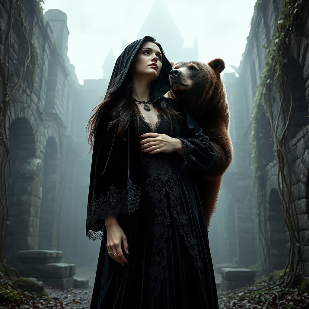 Mysterious Woman Dressed in Black Velvet Stands with a Majes...