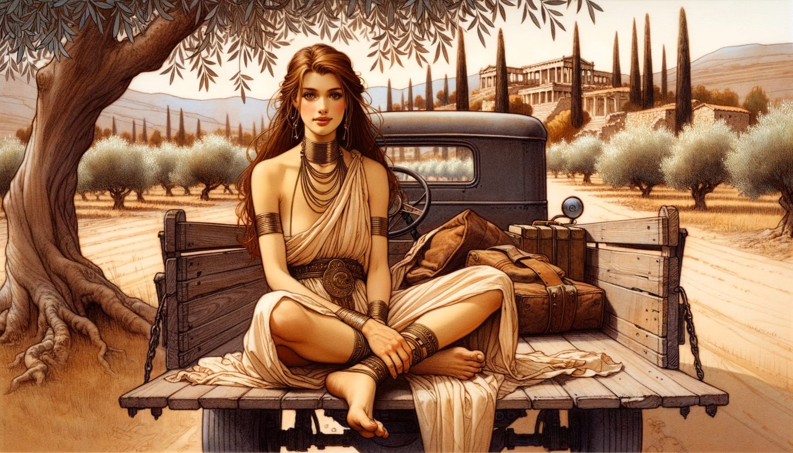 Greek Peplos Woman in Rustic Countryside, Watercolor Style