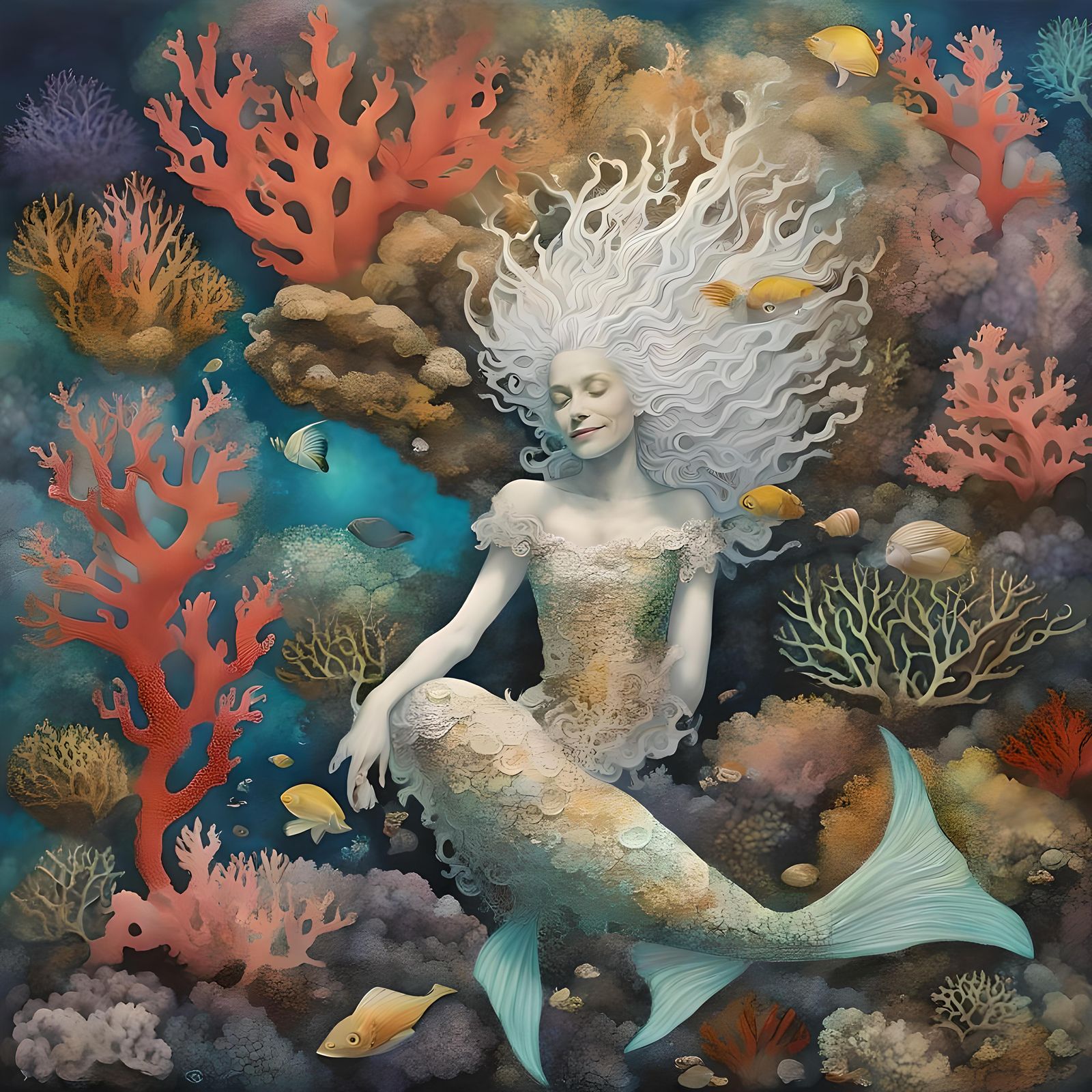 Luminous Coral Reef Mermaid in Gothic Collage Style