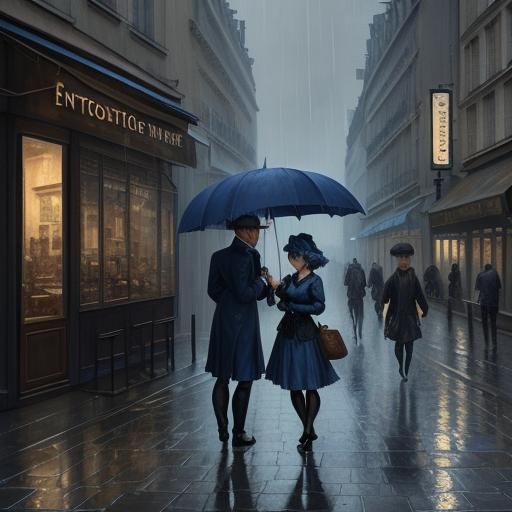 Paris Street Scene in Rainy Blue Impressionism