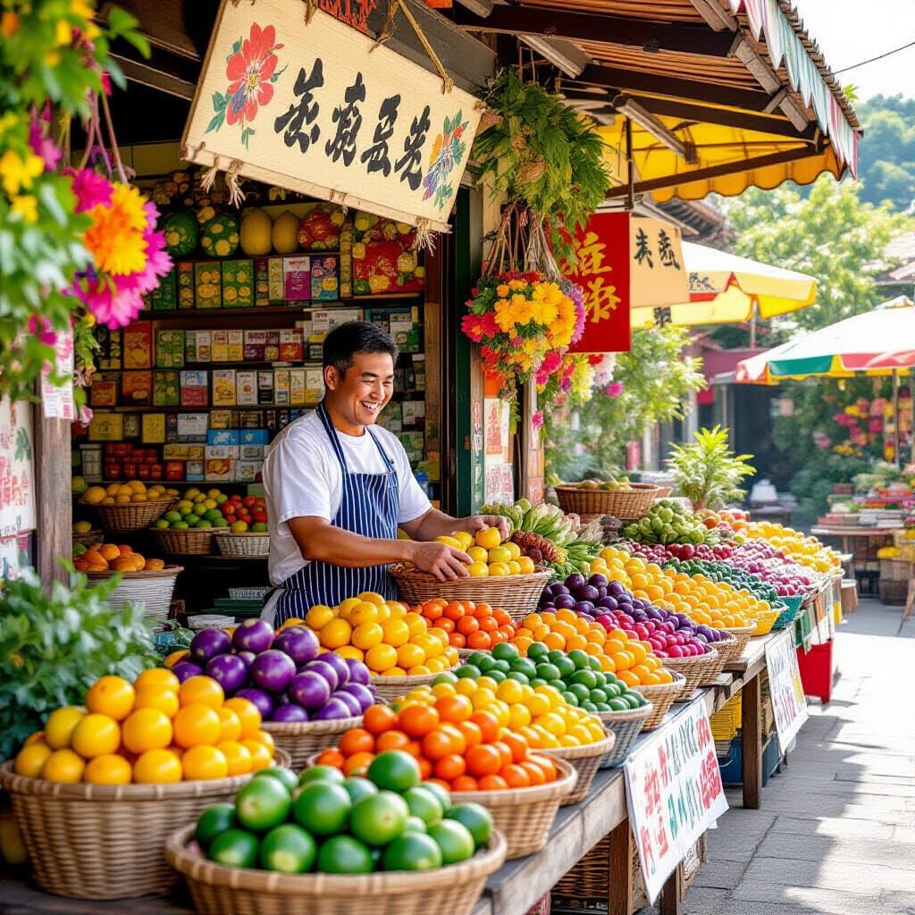 Lively Farmstand with Exotic Produce in Ghibli Style