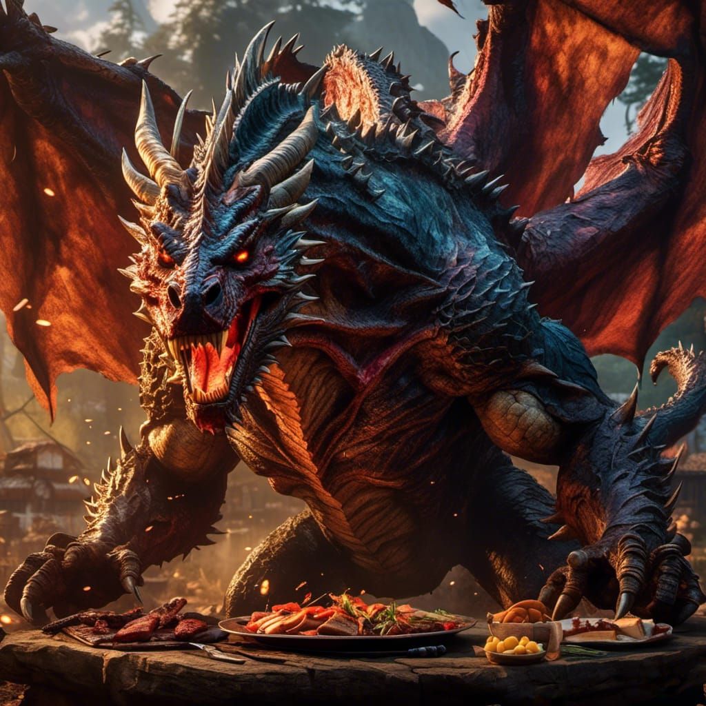 Dark Fantasy BBQ Monster in Hyperrealistic Splash Art