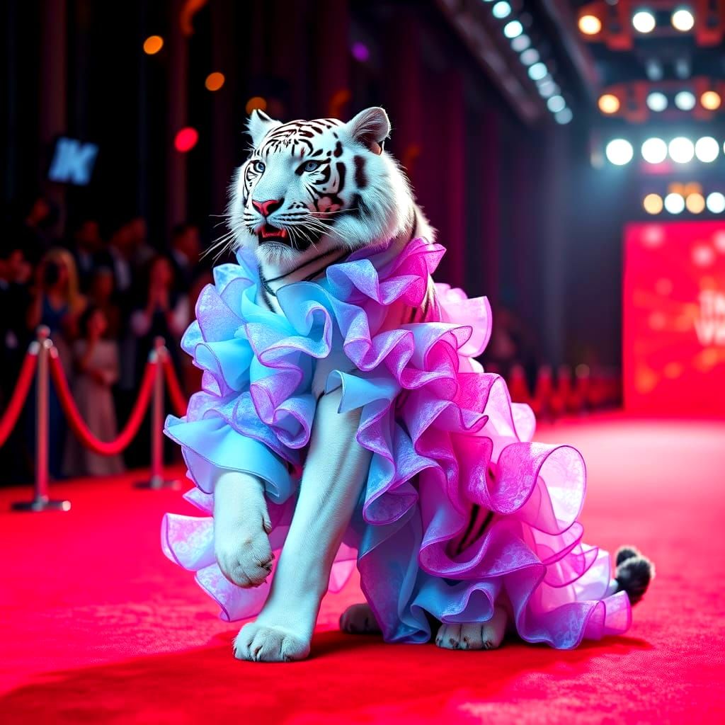 Elegant White Tiger Struts Red Carpet in Cosmic Gown