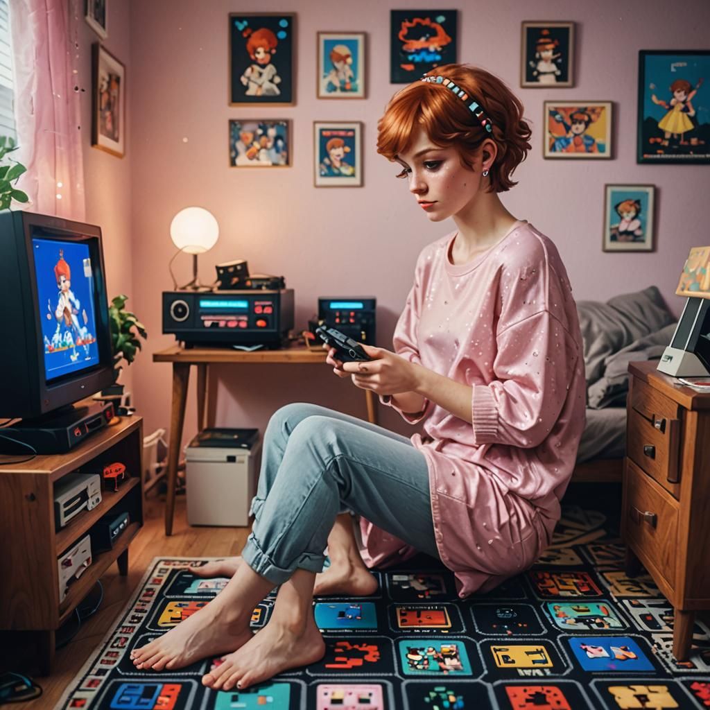 Redhead Girl Plays 8-bit Video Games in Bedroom