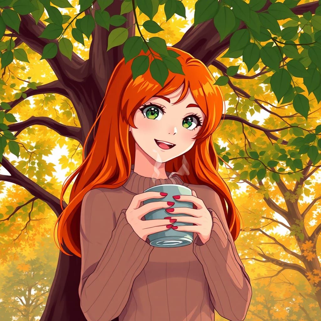 Anime Woman with Coffee Under Tree, Studio Trigger Style