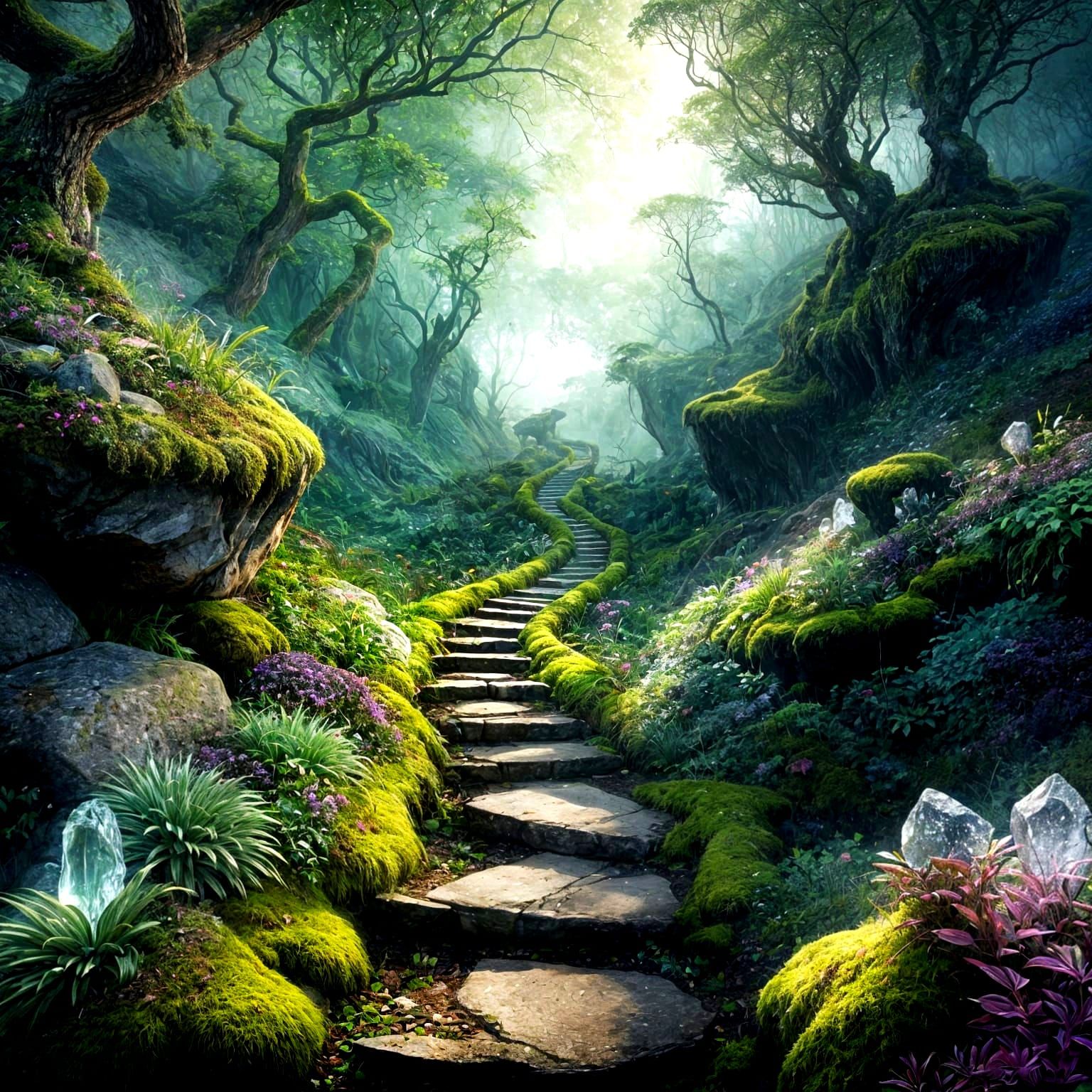 Hyperrealistic Fantasy Landscape with Iridescent Crystals