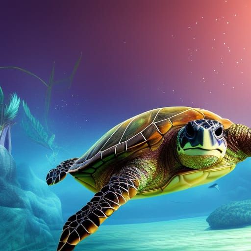 Turtle Swimming in Ocean: Detailed Matte Painting