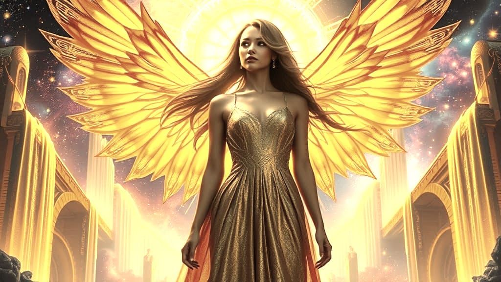 Cosmic Portal: Woman in Golden Gown, Digital Art