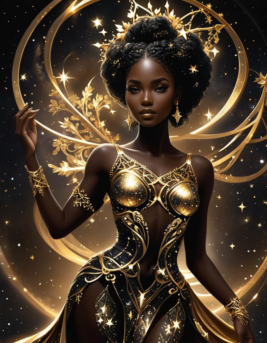 Melanated Goddess Nyx in Starlight Dress