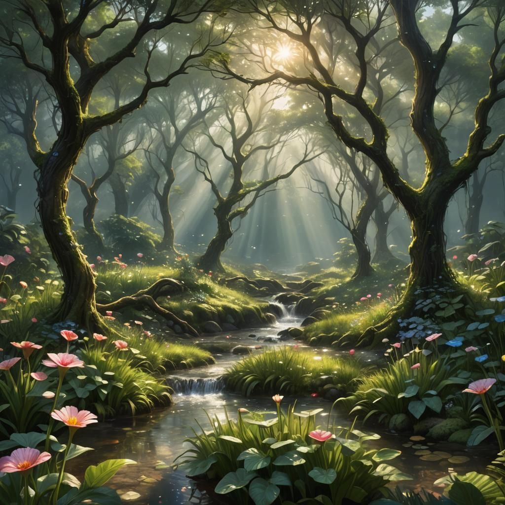 Enchanted Forest Garden at Dawn: Hyperrealistic Splash Art
