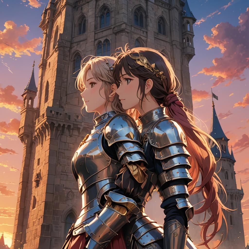 Romantic Anime Girls Kissing on Tower