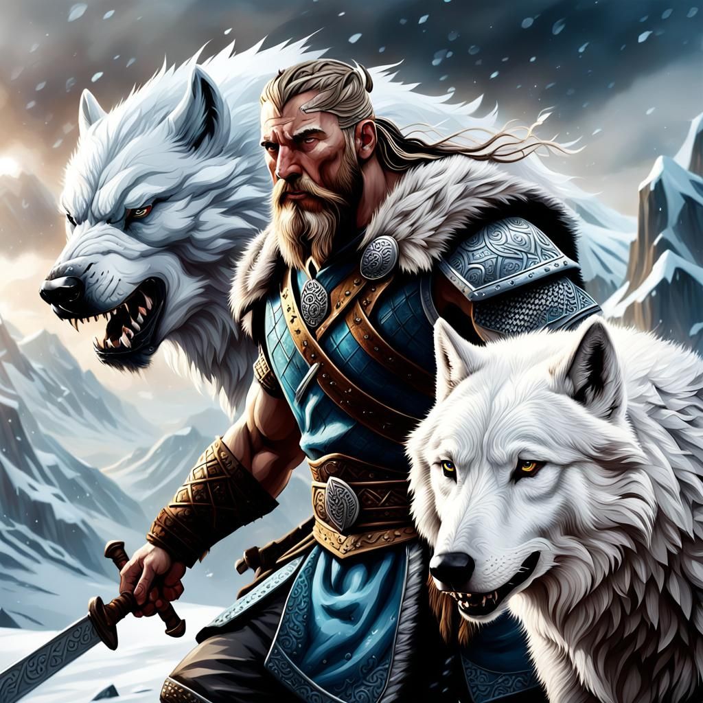 Viking Warrior and White Wolf in Winter Storm