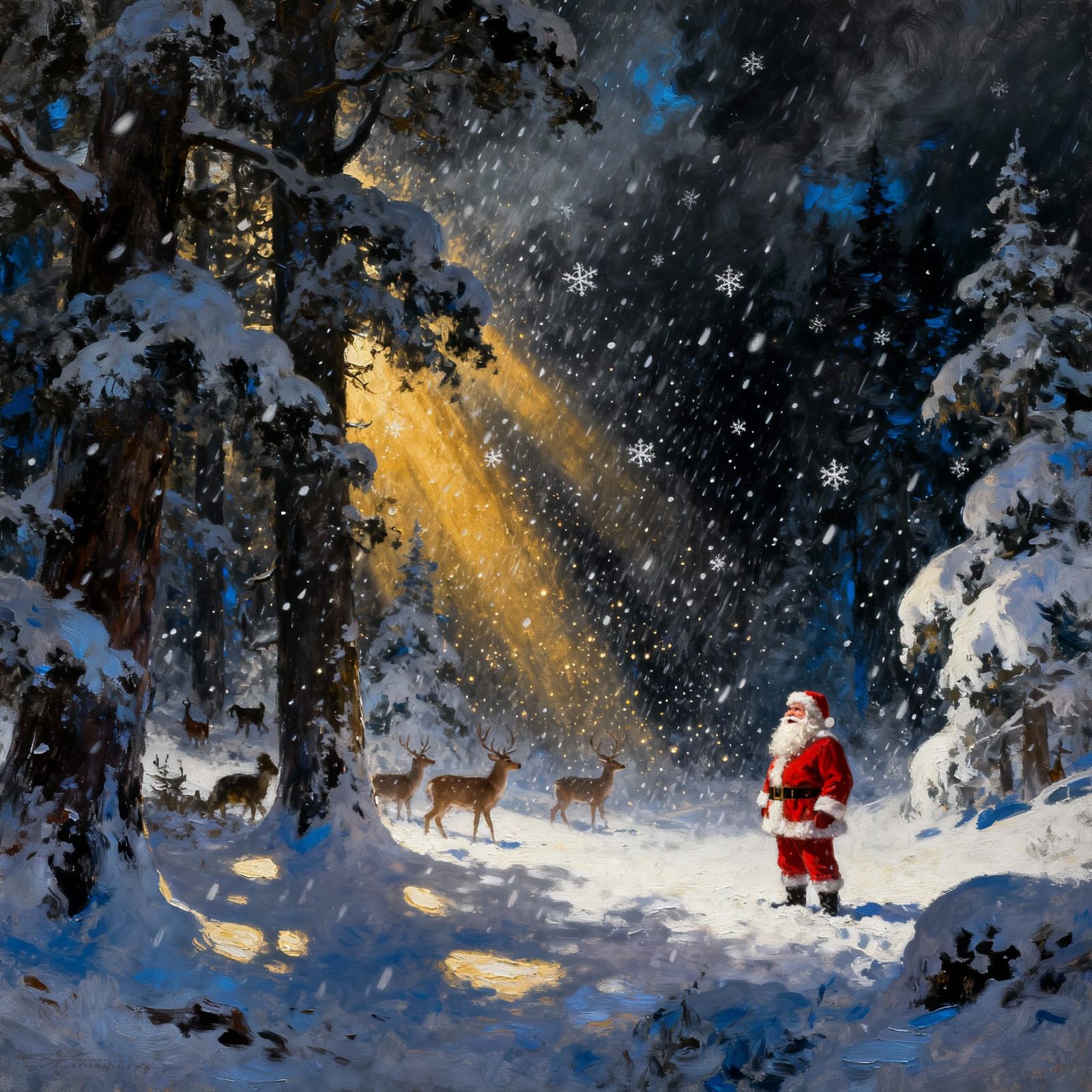 Santa in Enchanted Forest Snowfall - Hyperrealistic Oil Pain...