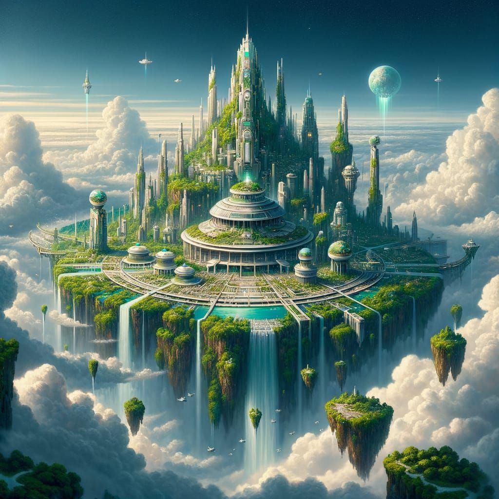 Utopian Pixel Art City Floating Above Clouds