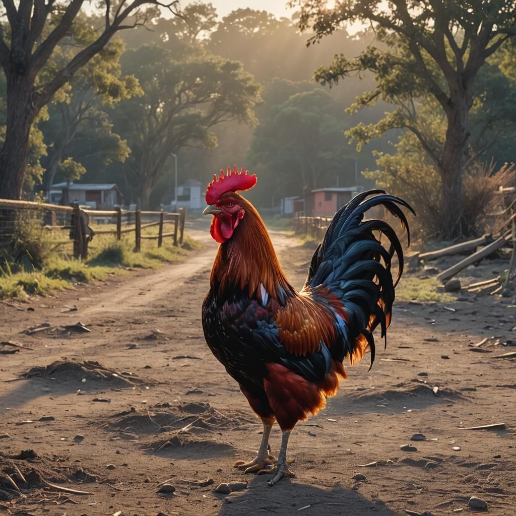 Red Rooster Crowing at Dawn Portrait