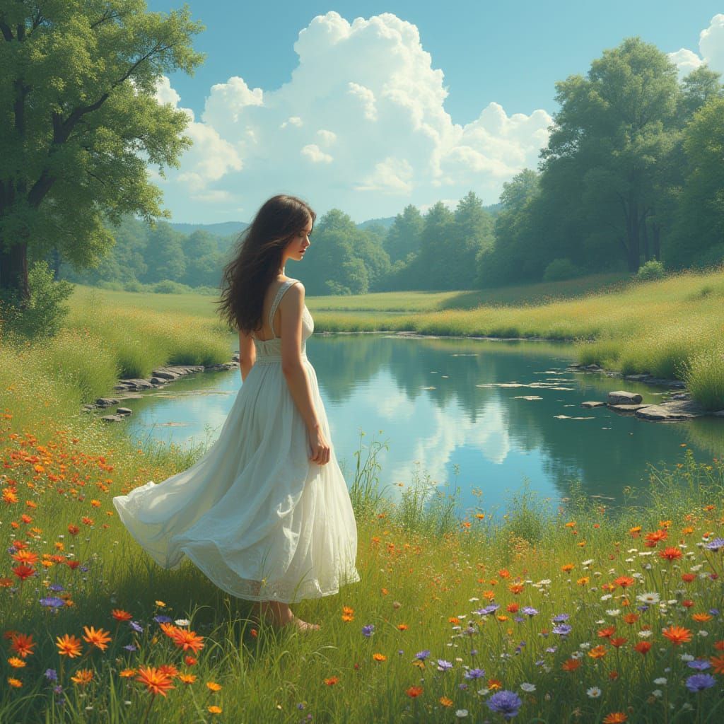 Woman in Meadow: Matte Painting Style