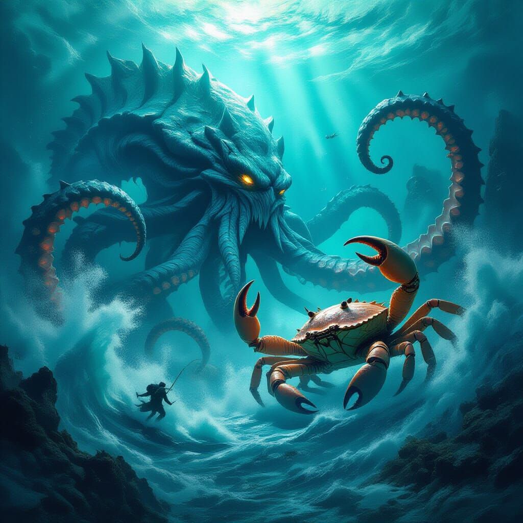 Colossal Kraken Battles Giant Crab in Bioluminescent Ocean