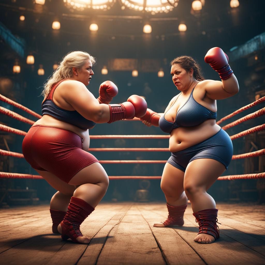 Two Plus-Size Women Boxing in Swimsuits