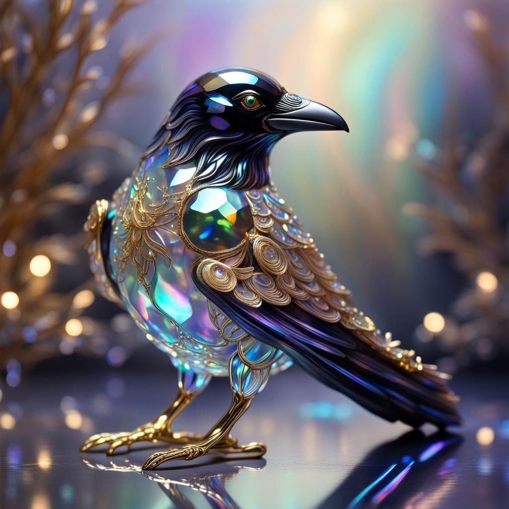 Iridescent Crystal Raven with Golden Accents