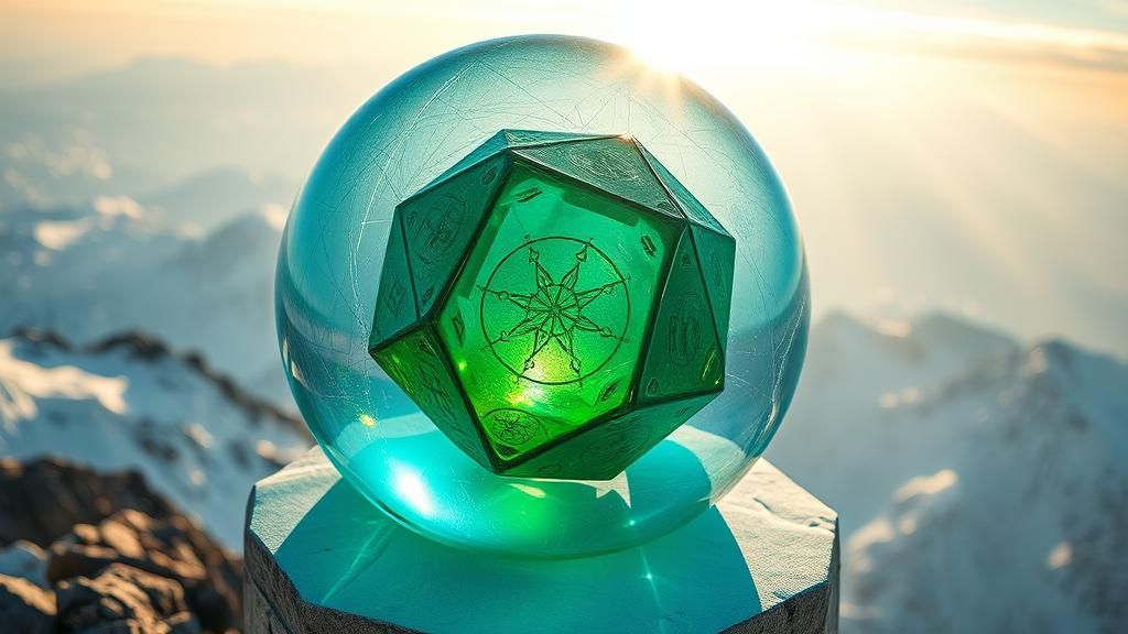 Crystal Orb Enclosing Runed Icosahedron on Snowy Peak