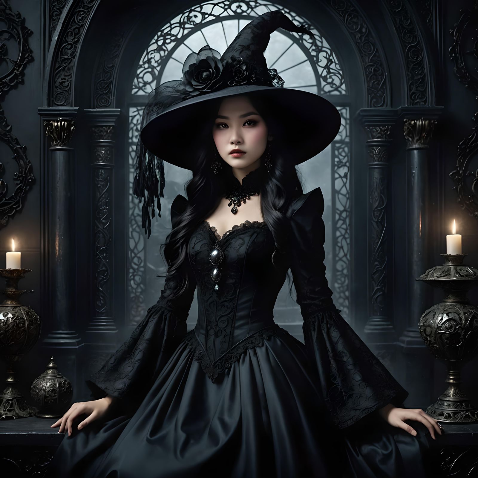 Enchanting Asian Witch in Gothic Black Dress