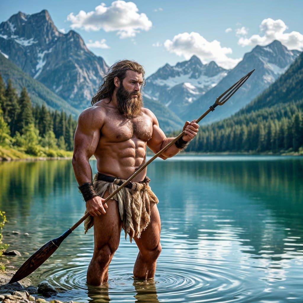 Caveman with Spear Waits by Lake at Golden Hour