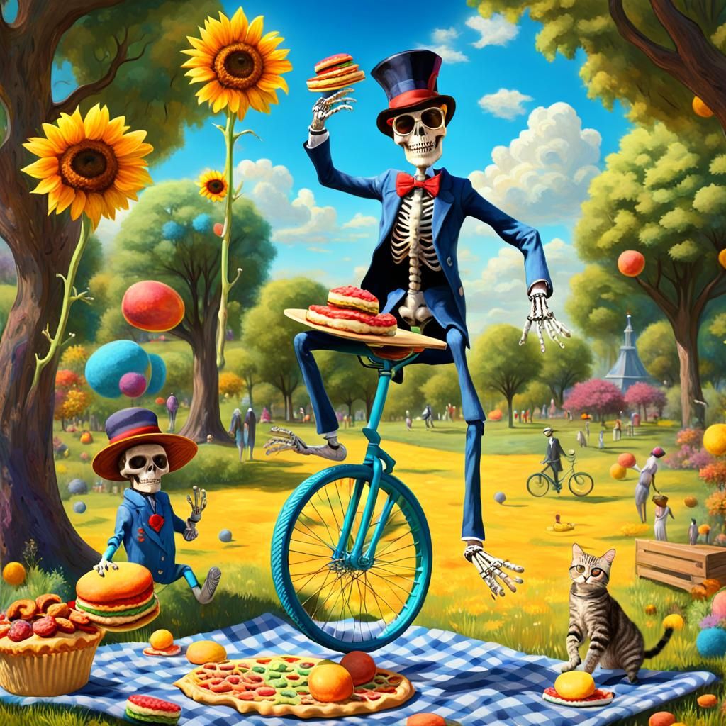 A Mischievous Skeleton Rides a Unicycle in a Vibrant Cartoon...