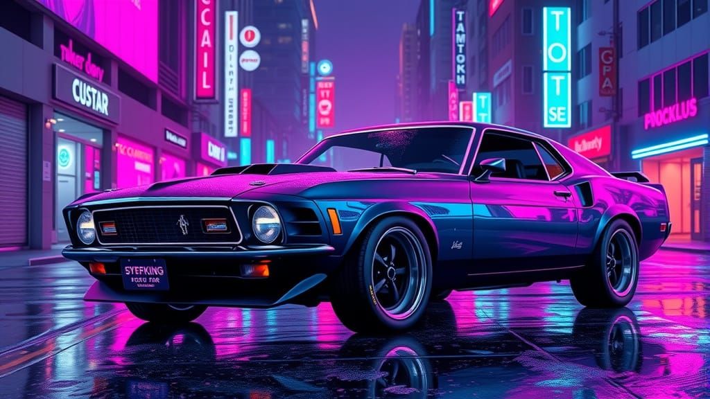 1970 Ford Mustang in Neon-Lit Retro-Futuristic Cityscape