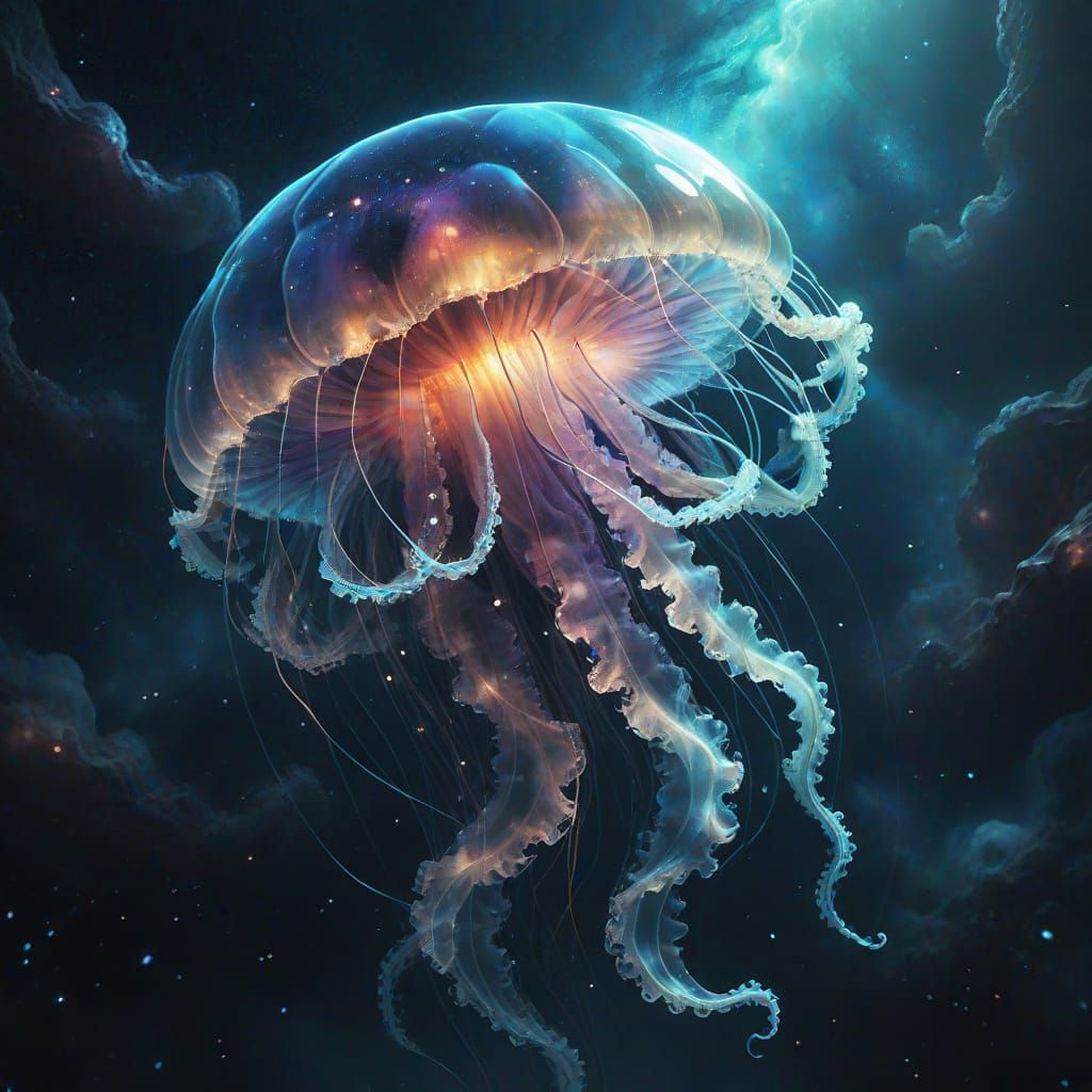 Surreal Crystal Jellyfish in Cosmic Galaxy