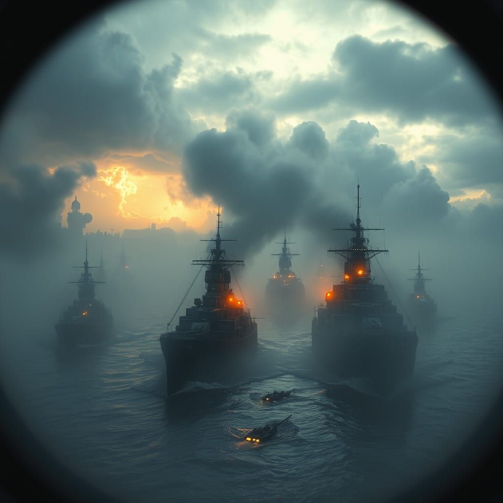 Misty Maritime Warships at Sunset